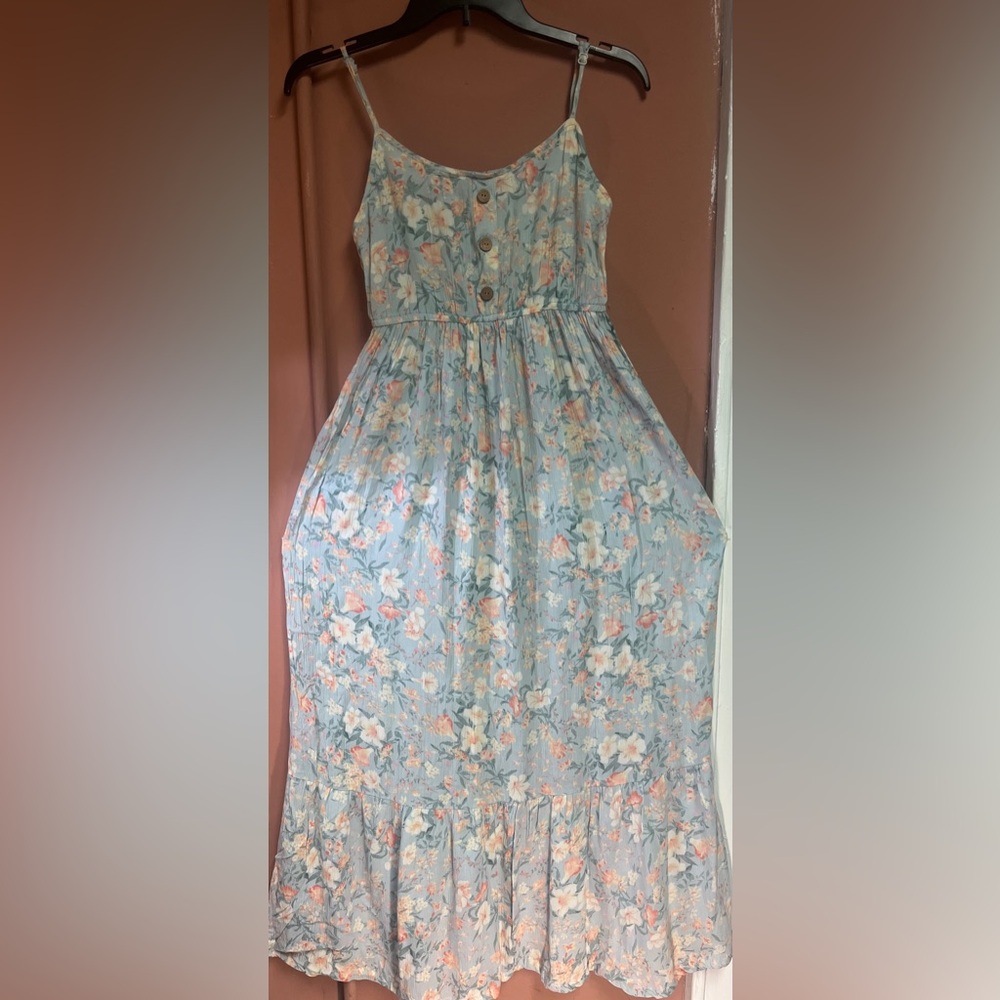 Floral Blue Sleeveless Dress Pink Rose